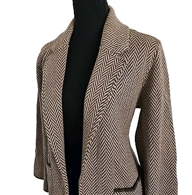 J Crew Women Brown Tan Wool Cotton Blend Knit Herringbone Jacket Long Sleeve S • $42