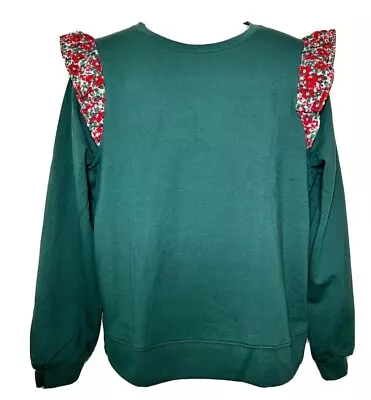 NWT J. Crew Women’s Green Lightweight Sweatshirt Flowered Ruffles-Size L • $19.99