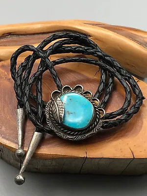 Vintage Pawn Native American Navajo Sterling Turquoise Bennett Pat Ped Bolo Tie • $129.99