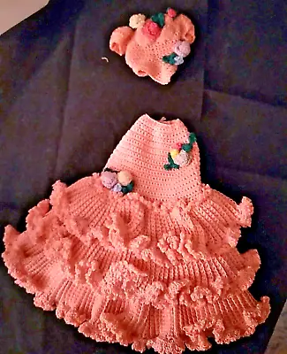 Hand Knitted Crochet Vintage  Doll Dress With Flowers Full 3 Layer Skirt • $11.57