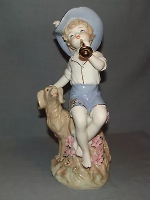 Porcelain Boy Playing A Horn With His Dog Figurine 13.5  • $12.95