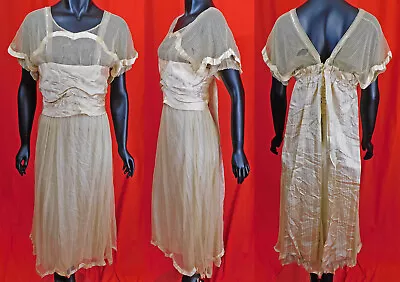 Edwardian White Net Silk Watteau Sequin Beaded Ball Gown Tea Length Dress Vtg • $99.99