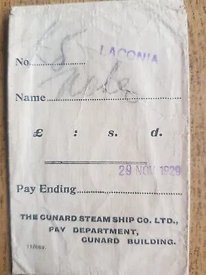 Cunard Steam Ship Company Ship Laconia 1929 Original Wage Pay Packet • £9.99