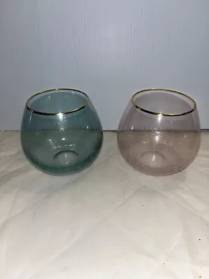 Set Of 2 Vintage Pink & Aqua Bubble Glass Stemless Gold Rimmed 4” Wine Glasses • $10