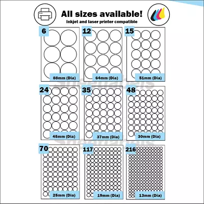 £199.95 • Buy Round Self Adhesive Circular A4 Laser Or Inkjet Printer Labels. Circle Stickers