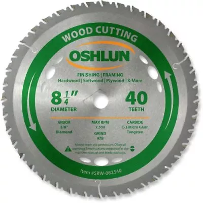Oshlun SBW-082540 8-1/4-Inch 40 Tooth ATB Finishing And Framing Saw Blade With • $23.29