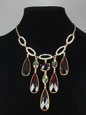 Macy's  I.N.C. Goldtone Pave' Link Ruby Red Faceted Teardrop Frontal Necklace • $16.99