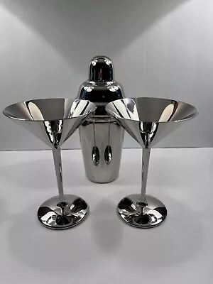 Farberware 3 PC Chromed Brass Martini Set Two 6” Martini Glasses 8” Shaker • $19.99