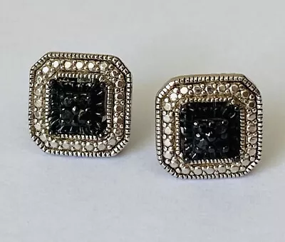 Vintage Sterling Silver Black Diamond Square Stud Earrings F In A Star Hallmark • $79.99