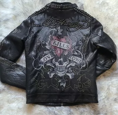 Ed Hardy Brown Leather Studded Motorcycle Jacket. Free Matching Scarf.  EUC L • $229.99