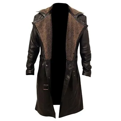 Men's Blade Runner Gothic German Belted WW2 Fur Leather Trench Long Brown Coat • £115.66