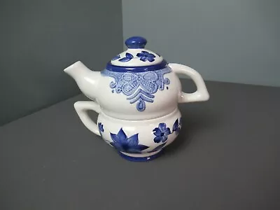 White W/ Blue Ceramic Tea Pot W/ Lid & Cup - Hand Painted Milson & Louis  - 13 • $4.52