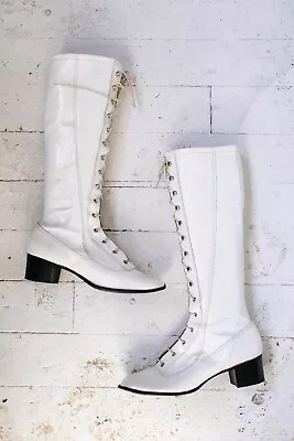 Vintage 1960s White Vinyl Lace Up Go Go Boots 7 1/2 • $268