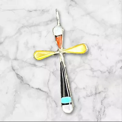 Zuni Native Sterling Silver Cross Multi Stone Inlay Pendant By Sylvester Noche • $24.78