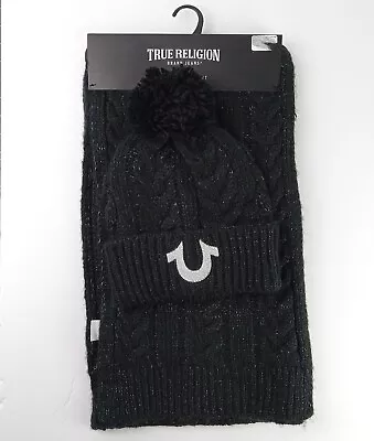 True Religion Scarf Hat Set Horseshoe Logo Black Silver Beanie Toboggan Gift New • $19.95