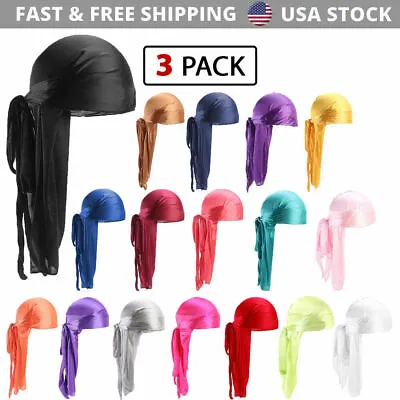 3 Pack Silky Satin Durag Unisex Wave Cap Hat Doo Rag Biker Smooth Head Wrap • $9.99