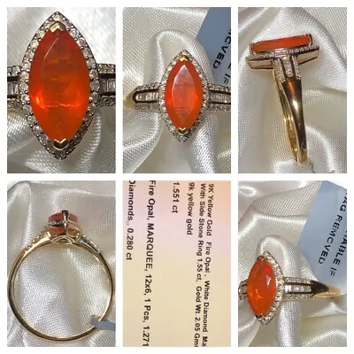 SIZE S 9K 9CT Yellow Gold AAA 12x6 Fire Opal Diamond Ring 1.55 Ct NEW WAS £399 • £270