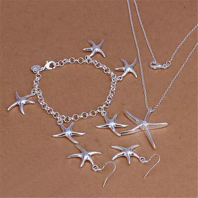 925 Silver Heart & Starfish Necklace Bracelet Earrings Sets Womens Jewelry Gift • $8.91