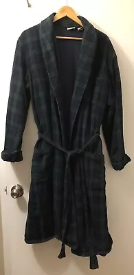 LL BEAN Men's Bath Robe W/ Belt Plaid Fleece Lined Flannel Blue Green L (Damage) • $20