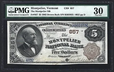 Vt 1882 $5 Brown-back ♚♚montpelier Vermont♚♚ Pmg Vf 30 Bold Color Hard To Find • $2000