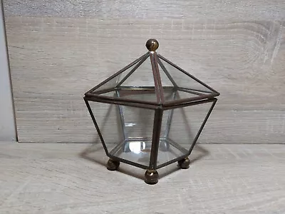 Glass And Brass Pentagon Lidded Trinket Box Display Case Vintage • $28.99