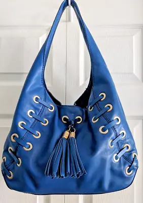 MICHAEL KORS Royal Blue Slouchy Leather Astor Grommet Laced Hobo Shoulder Bag • $75