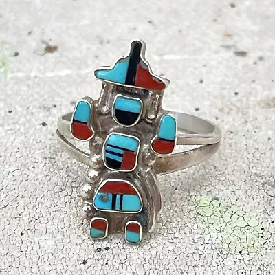 Sterling Silver Zuni Ring Kachina Doll Turquoise Coral Inlay Size 7 Signed S.J. • $125