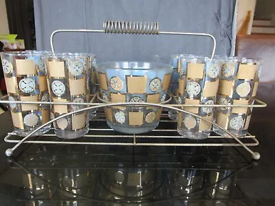 8 Vintage MCM Glasses  Ice Bucket Metal Holder  Mid Century Modern Bar Set GUC • $123.99