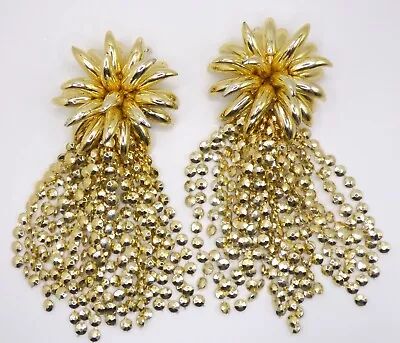 🌺Vintage Massive Statement 6  Length Gold Bead Dangle Clip Earrings • $1.99