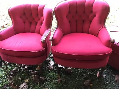 Vintage Red Cotton Velvet Arm Chairs Pair Hollywood Regency • $395