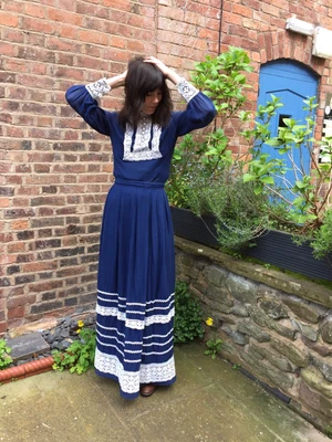 £85 • Buy 1970s After Six Ronald Joyce Blue Prairie Skirt Blouse Set 8 S