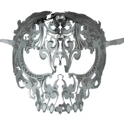 Silver Skull Metal Laser Cut Masquerade Prom Mask Clear Crystals • $25.99