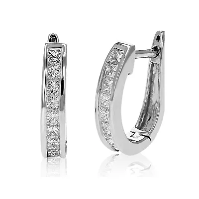 Men Women Princess Cut Cz Channel Set 925 Sterling Silver Huggie Hoop Earrings • $16.99