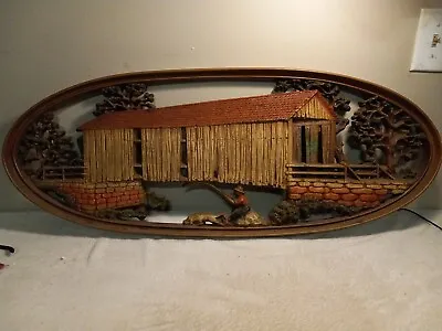 Vintage Burwood Products Co. USA Bridge Fishing Large Wooden Plaque Wall Art 3D • $99.99