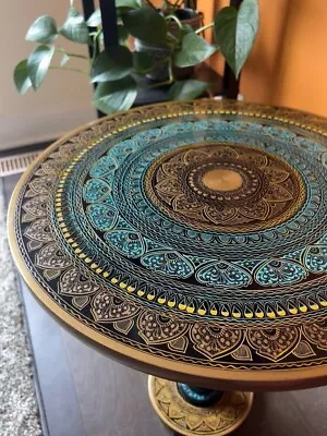 Handmade Paisley Design Artistic Wooden Side Table/End Table: Turquoise Sunburst • $124.99