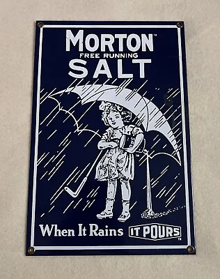 Vintage 1980's ~ Morton Salt ~ Porcelain Enamel Advertising Sign By: Andy Rooney • $59.95