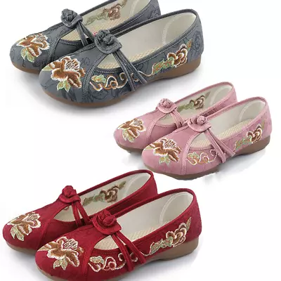 Women Vintage Embroidery Floral Shoes Ballet Loafer Comfy Canvas Flats Slip • $46.02