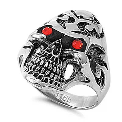 Men's Heavy Skull Red CZ Ring Polished Stainless Steel Band 33mm Sizes 8-14 • $15.39