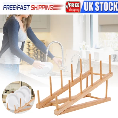 £12.49 • Buy 2Pack Bamboo Wooden Dish Rack Plate Rack Stand Pot Lid Holder Kitchen Cabinet