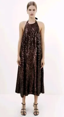 £70 NEW Zara Brown Halter Sequin Maxi Midi Dress Party Holiday Gift UK Small 8 • £9.99