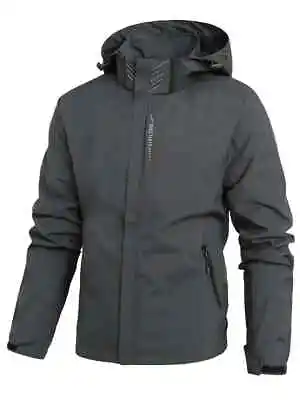 Mens Waterproof Windbreaker Rain Jacket Hooded Soft Shell  Outdoor Grey Coat • £22.99