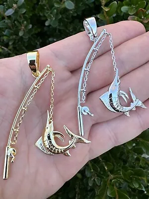 Real Large Mens 925 Silver / Gold Fishing Pendant Rod & Marlin Fish Necklace • $70.97