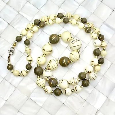 Green Cream & Gold Tone Splatter Bead Necklace The Vintage Strand Lot #3230 • $8.49