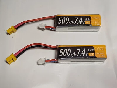 MakerFire 500mAh 7.4V 2S 1P 45C LiPo Battery 2pk For RC Model Aircraft Planes • £8.99