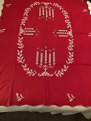 Vtg Handmade Xmas Tablecloth Red Cross Stitch Red White Silver Candles 64x46” • $28