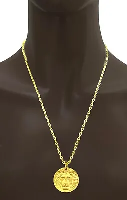 Bright Gold Tone Dubai Style Lion Head Medal Pendant Necklace • $13.05