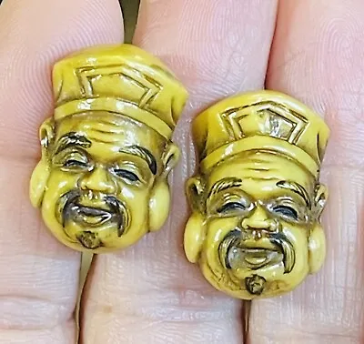 VTG Asian Man Face Heads Celluloid Screw Back Earrings Chinese • $22