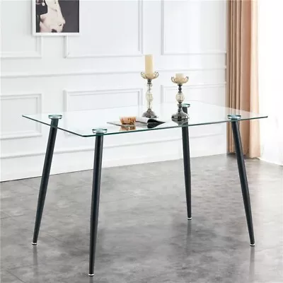 Modern Rectangular Tempered Glass Dining Table W/ Black Metal Legs Kitchen Table • $133.55