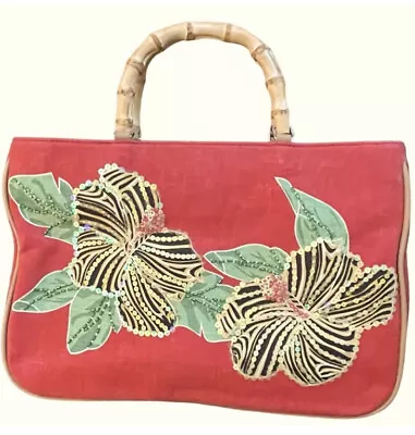 Marlo Orange Tropical Flower Floral Embellished Bamboo Handle Tote Bag Purse NEW • $29