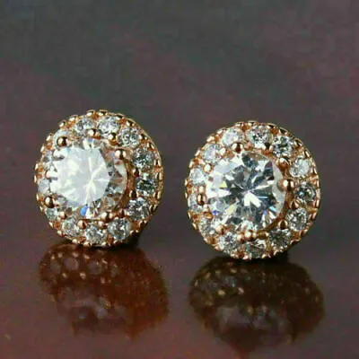 2.00Ct Round Cut Diamond Halo Stud Earrings In 14K Rose Gold Finish • $134.46